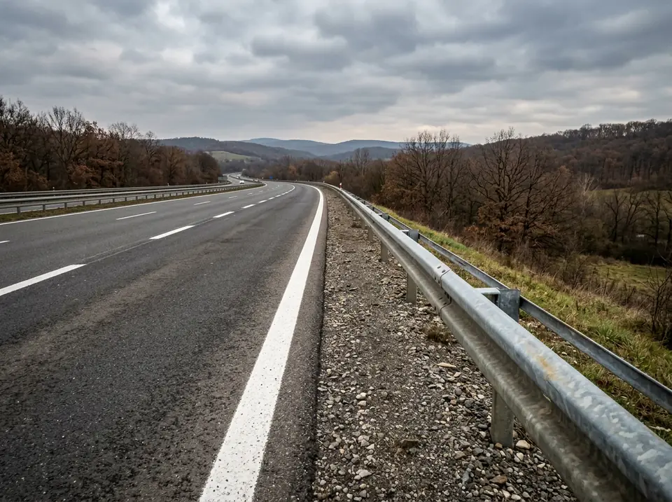 Gyorsforgalmi út leállósávja üres padkával és terelővonallal, borús délutáni fényben