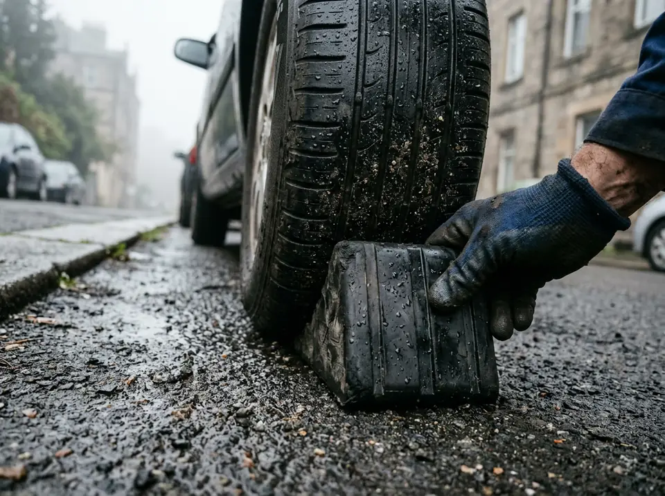 Kesztyűs kéz éket tol egy autó kereke mögé nedves, lejtős úton, ködös reggelen